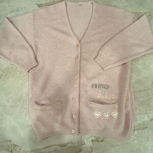 Vintage Italian Angora Wool Cardigan Pink “Comme Les Fleurs” Embroidered Hearts